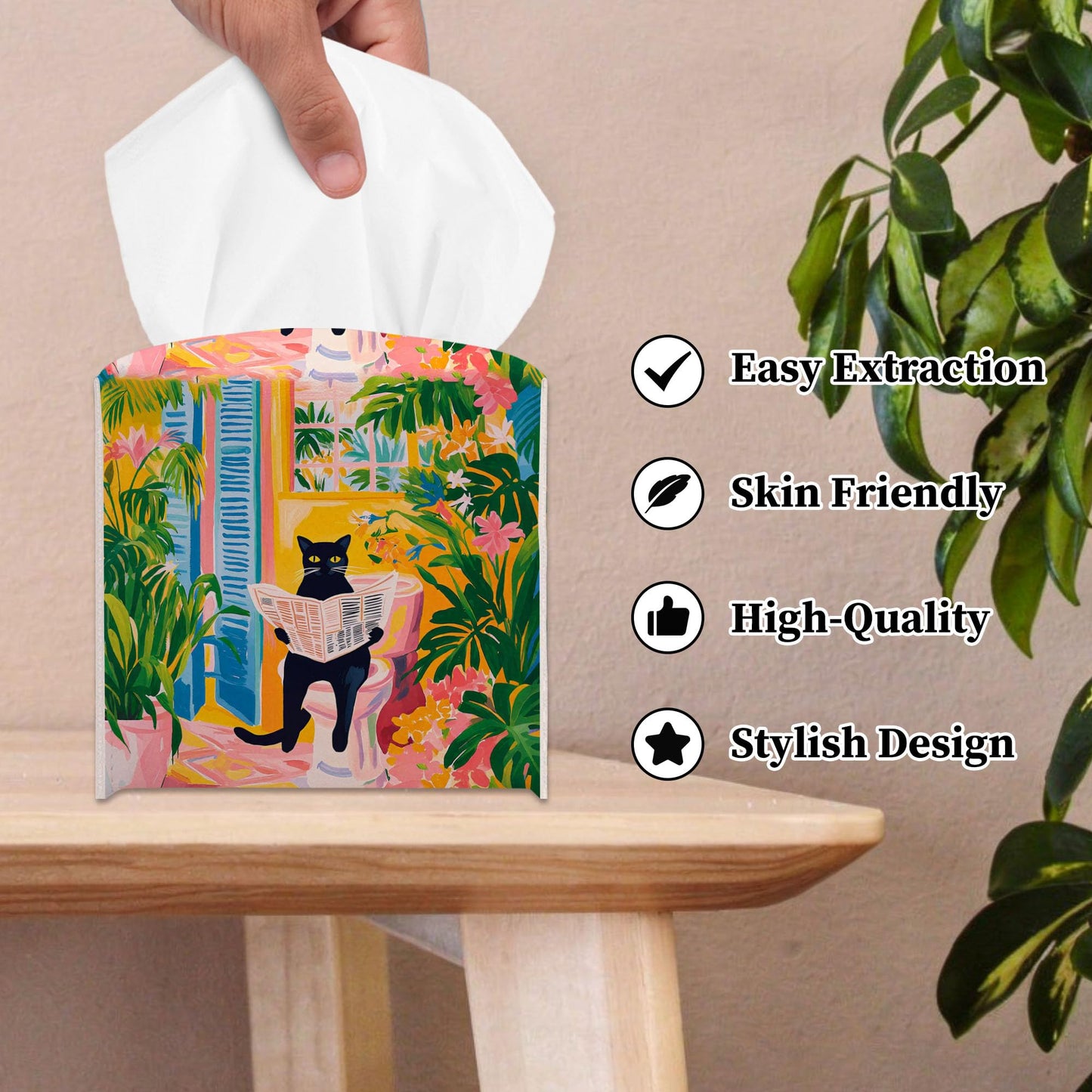 RWWNONW Vintage Black Cat Newspaper Tissue Box Cover Square