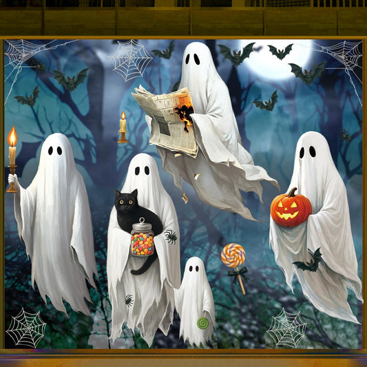 AhfuLife 4 Sheets Large Halloween Ghost Window Stickers Decorations, 16.9" x 35.4", Big Spooky Ghost Window Clings Double Side Reusable Decals for Halloween Home Bar Shop Street Party Decorations