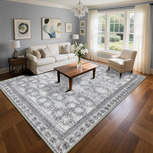 Zarvenda 4x6 Area Rug for Bedroom Machine Washable, Non Slip Vintage Floral Kitchen Rugs for Dining Room,Rustic Indoor Floor Carpet for Kids Room, Playroom, Office Classroom Faded Grey