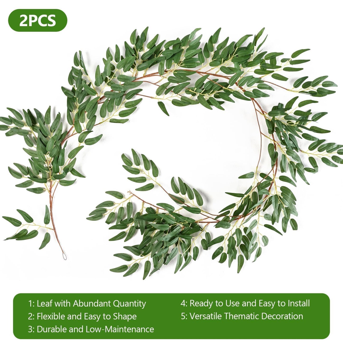 Artificial Willow Leaves Greenery Garland, 2Pack 5.7FT Hanging Willow Leaves Ivy Garland, Faux Silk Plant Vine Twigs for Wedding Arch, Garden Party, Indoor, Outdoor Decoration