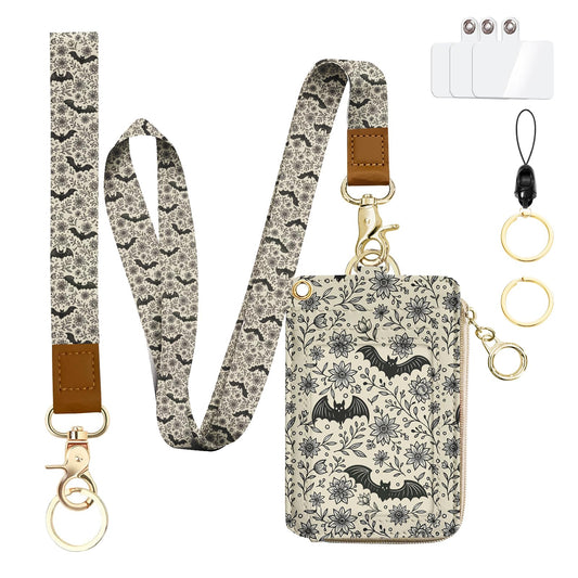 bolimoss Bat Lanyard Wallet Badge Holder PU Leather RFID Keychain Wallet with Breakaway Neck Wristlet Lanyard Zipper Pocket, Slim Credit Card Holder with Key Ring Phone Holder for Teacher Nurse Women