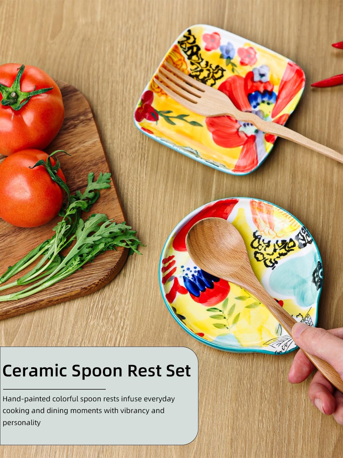 Ceramic Handmade Spoon Rest Set of 2, Colorful Hand Painted Spoon Holder