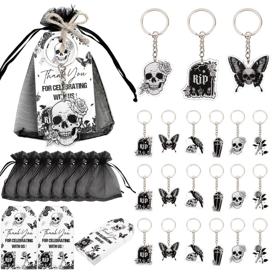 Serencatcher Gothic Theme Party Favors 72pcs Gothic Party Favors Keychains Thank You Tags Organza Bags for Death to My 20s 30s Birthday Gothic Wedding Bridal Shower Bachelorette Party Supplies