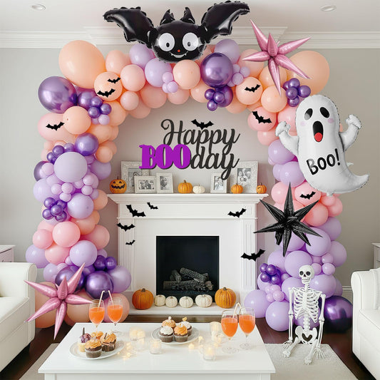 Pastel Halloween Birthday Balloon Garland arch Kit 130 Pcs Purple Pink Orange Balloons + Bat Ghost Mylar Balloons for Spooky Halloween Arch Booday Summerween birthday Party Decorations