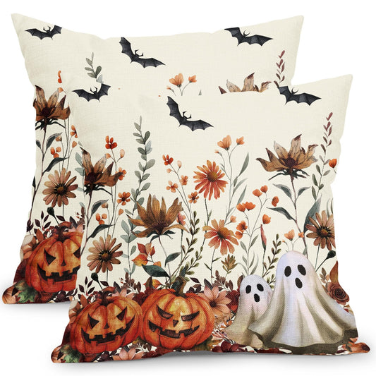 Ancordivo Vintage Halloween Wildflower Pillow Covers 18x18 Inch Spooky Pumpkin Ghost Halloween Outdoor Throw Pillows Set of 2 Rustic Farmhouse Pillowcases for Sofa Couch Bed Home Decor