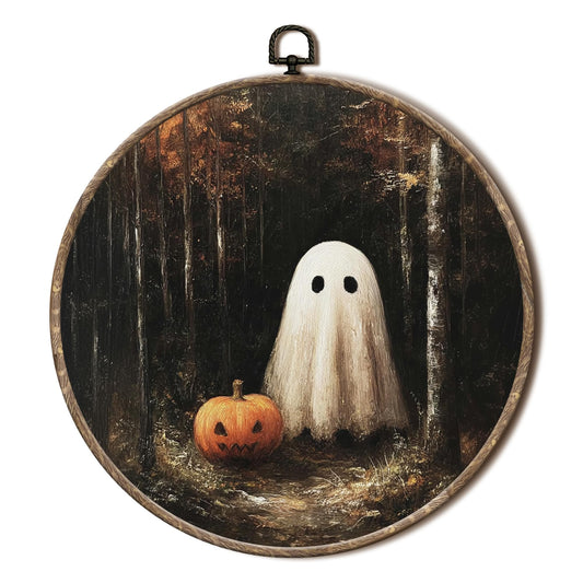 EGVQK Halloween Ghost Pumpkin Round Wall Art, Dark Academia Forest Framed Canvas Prints Wall Art, Halloween Spooky Ghost Pumpkin Round Canvas Hanging Walls Decor for Home Bedroom Decorations, 10x10in
