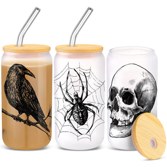 SiliFine 3 Pcs Gothic Christmas Spooky Drinking Party Glasses 16 Oz Goth Spider Web Skull Crow Iced Coffee Cups With Lid Straws Christmas Birthday White Elephant Gifts For Girls Friends