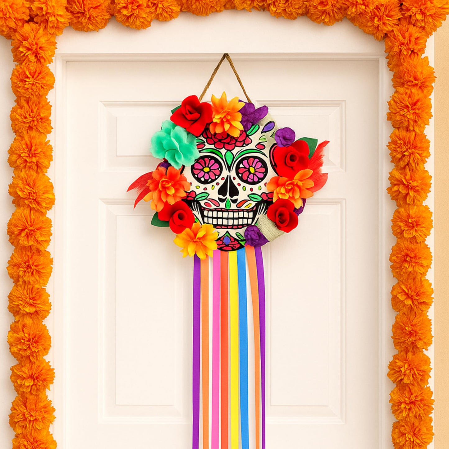 Cinnvoice Day of The Dead Wreath for Front Door Wooden Sugar Skull Marigold Door Wreath Decor Dia De Los Muertos Welcome Sign Hanging for Halloween Mexican Home Wall Porch Window