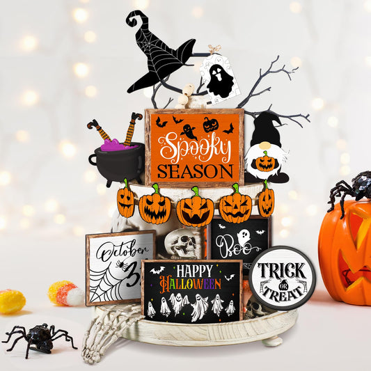 14 Pcs Halloween Tiered Tray Decor Set Cute Halloween Wooden Signs Rustic Pumpkin Farmhouse Gnomes Boo Wizard Trick or Treat Blocks Table Sign for Party Favors