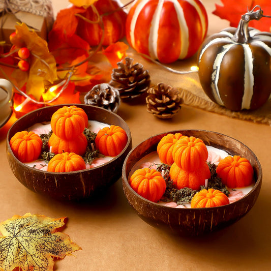 Conelist 2 Pcs Thanksgiving Scented Candle 5.9'' Fall Autumn Pumpkin Candle Decoration Spice Soy Wax Scented Coconut Bowl Tables Decor for Home Bedroom Bathroom Holiday Farmhouse Party Gift