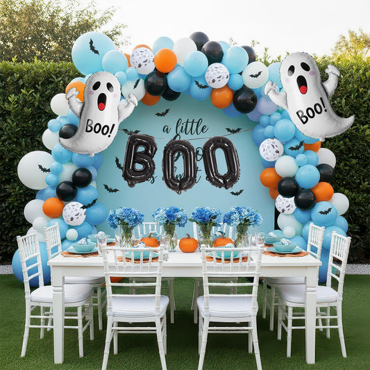 Halloween Balloon Garland Arch Kit - 114Pcs Black Blue Orange Balloons with Ghost Bat Boo Foil Balloons for A Little Boo Is Almost Due Baby Shower, Spooky Theme Indoor Outdoor Party Decorations