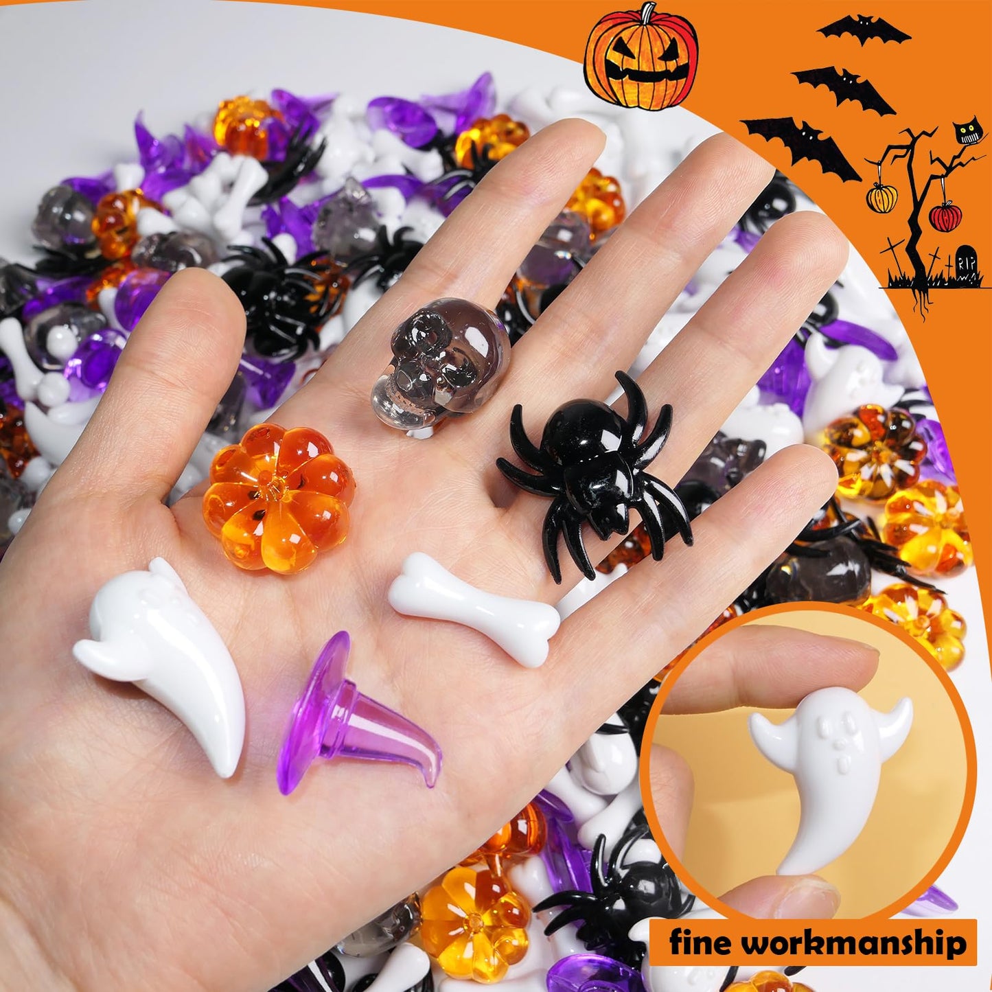 HADDIY Halloween Sensory Bin Filler,300 Pcs Mini Acrylic Pumpkin Ghost Skull Gems Vase Fillers for Halloween Centerpieces Table Decorations,Table Scatters Counting and Craft