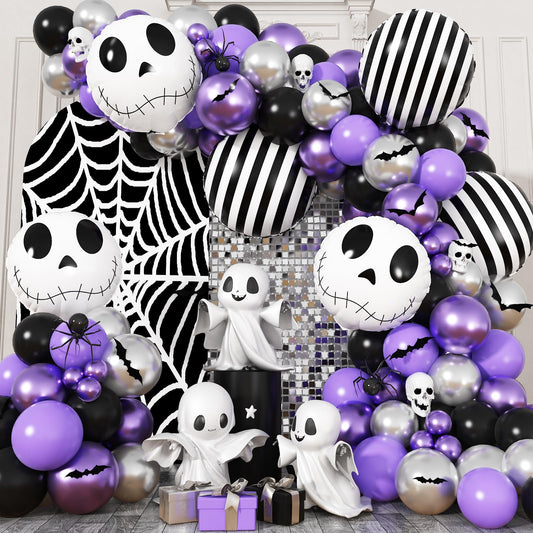 Skull Halloween Birthday Party Decorations Metallic Purple Black Silver Balloon Garland Arch Kit with Stripe Skull Balloons for Ghost Skeleton Trunk or Treat Halloween Birthday Baby Shower Decorations