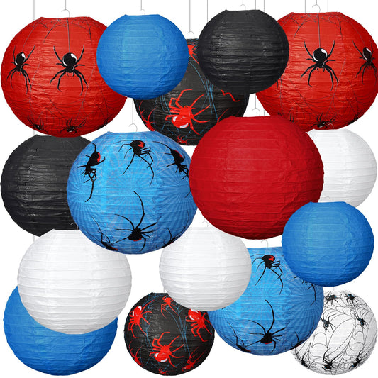 VercanMonth 16 Pcs Hero Party Decorations 12" 10" 8" Red Blue White Black Lanterns Decorative Round Paper Hanging Lantern for Birthday Themed Baby Shower Favors Indoor Outdoor Decor, 3 Size