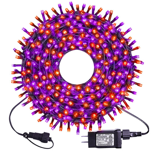 kemooie 300 LED Orange&Purple Halloween Lights, 99FT Connectable 8 Lighting Modes with Memory Function Plug in, Waterproof for Outdoor Indoor Halloween Garden Roof Decorations (Purple and Orange)