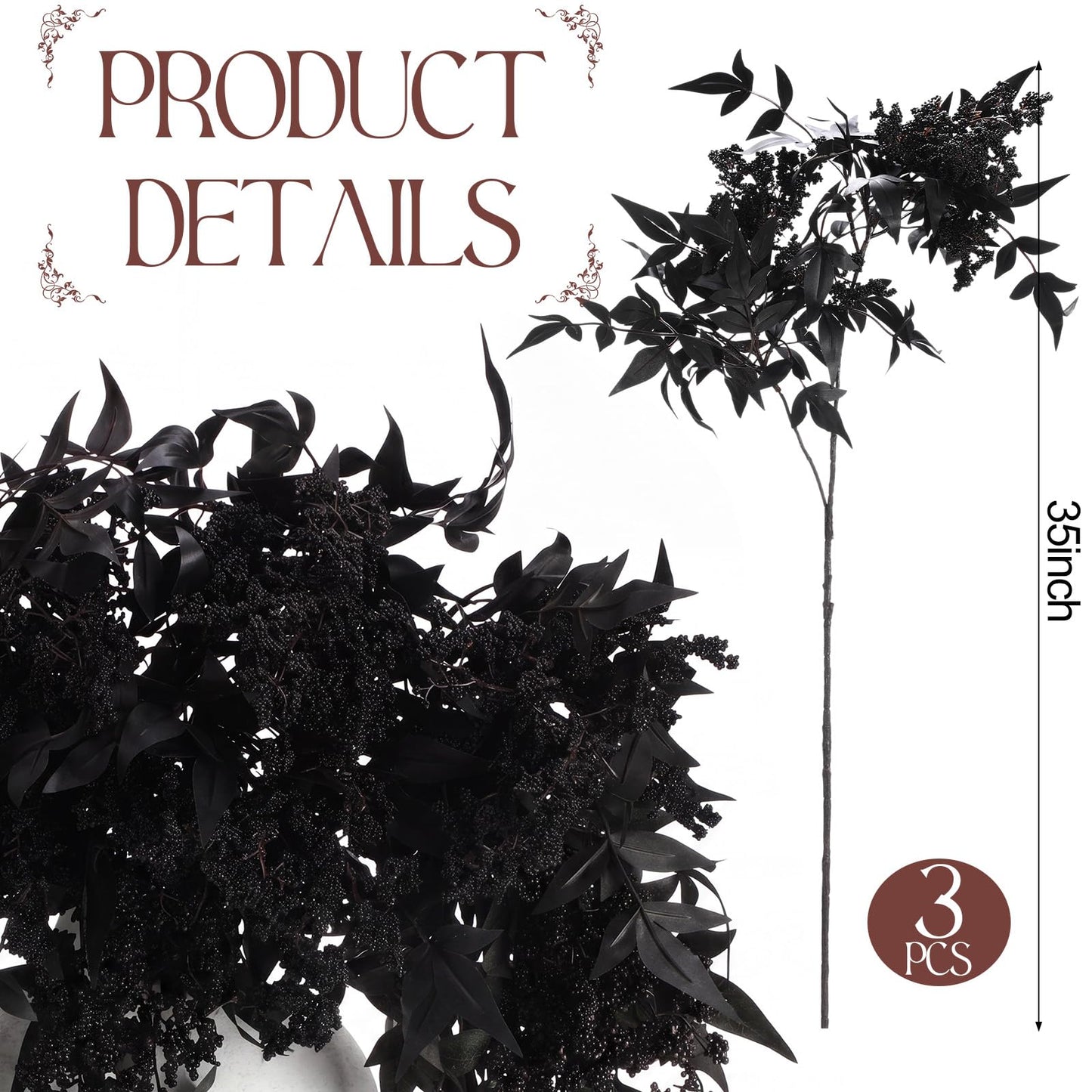 Zeyune 3 Pcs Artificial Black Berry Stem Fall Faux Flowers Picks Branches Fake Realistic Sedum Stem Spray for Halloween Holiday Seasonal Farmhouse Mantel Harvest DIY Home Decorations(35 Inch)
