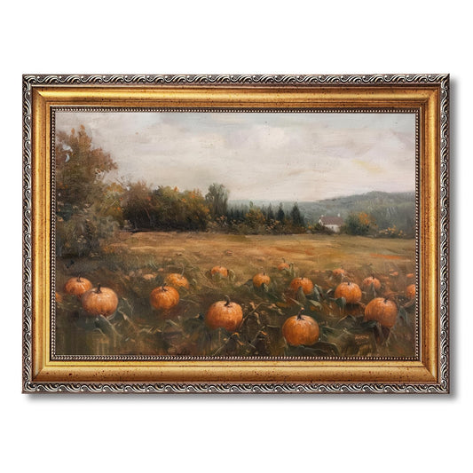 Vintage Autumn Pumpkin Poster Landscape Framed Wall Art Rustic Golden Pumpkins Field Oil Painting Retro Fall Harvest Canvas Prints for Living Room Bedroom Kitchen Country Decor 36x24inch