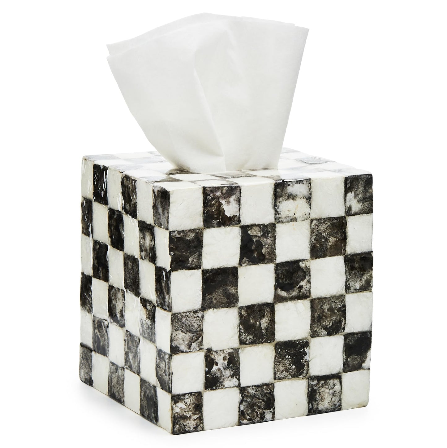 MACKENZIE-CHILDS Boutique Square Capiz Tissue-Box Cover, Decorative Tissue Holder, Black-and-White Courtly Check