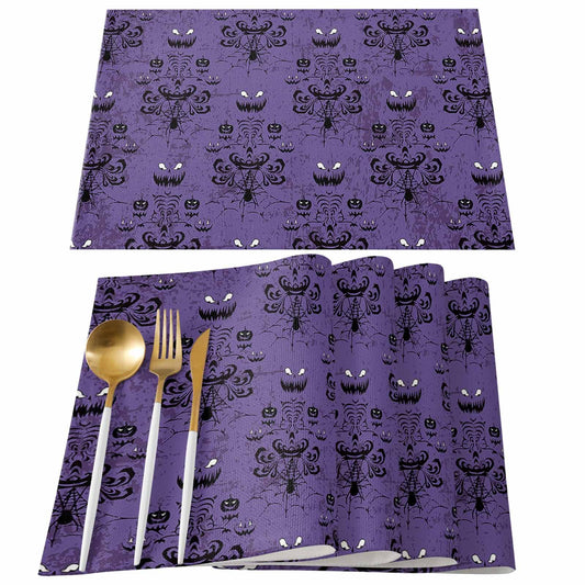 Placemats for Dining Table Set of 6, Halloween Haunted Mansion Design Table Mats Stain Resistant Heat Insulation Non-Slip Washable Table Decoration for Kitchen, Purple Black
