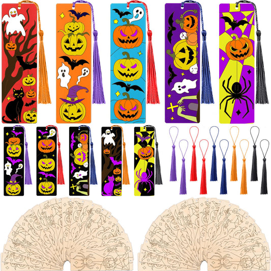 AmazingSpark 100 Pcs Wood Bookmarks Bulk DIY Crafts Kit, 50 Set Blank Coloring Bookmarks with Tassel for Classroom Gifts Exchange Activity Reading Party Favor Reward Goodie Fillers(Halloween)