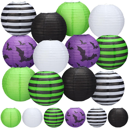 Retisee 12 Pieces Halloween Paper Lanterns Party Decorations Hanging Bat Lanterns Purple Black Green 9.84 Inches for Halloween Horror Party Indoor Outdoor Spooky Home Decor Supplies Props