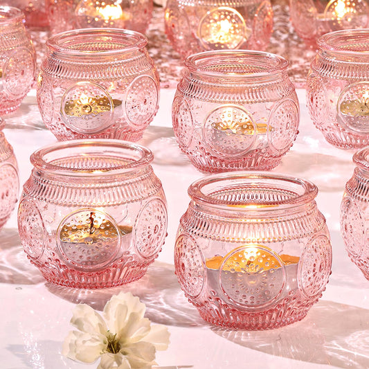LAMORGIFT 24 Pcs Pink Candle Holder for Bridal Shower, Wedding Table Decorations- Floral Style Pink Votive Candle Holder, Centerpieces for Birthday, Engagement Party Decor