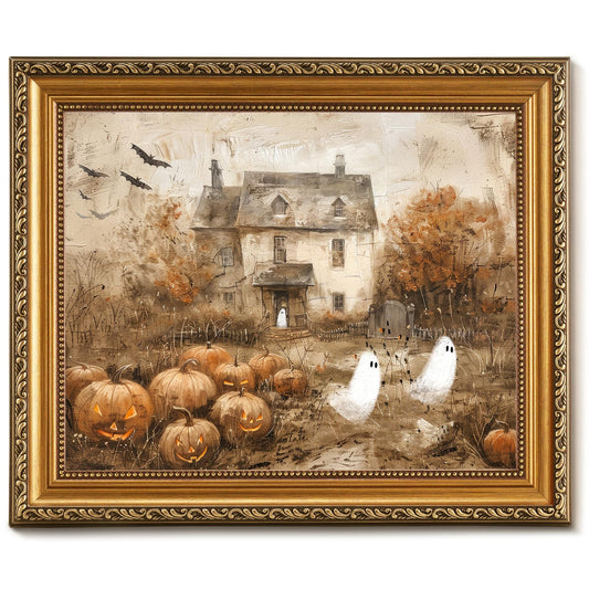 Vodefoad Retro Detachable Gold Framed Wall Art for Home Decor Halloween Pumpkins with Cute Ghost Farmhouse Gold Framed Wall Decor Prints Halloween Gothic Dark Academia Painting Picture for Kitchen, Gallery, Bathroom Wall decor - 8x10Inch
