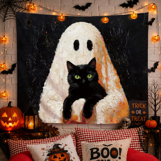 YTRG Spook Ghost Black Cat Tapestry, Halloween Tapestries Wall Hanging for Bedroom, Cat Ghost Tapestry Wall Decor Backdrop for Living Room Home, Black Cats Gifts for Women Girls Men, 50x60 Inch