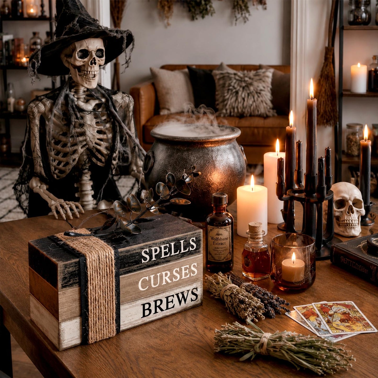 4 Pcs Halloween Table Decorations Halloween Tiered Tray Decorations Rustic Mini Eucalyptus Leaf Coffee Wooden Faux Books Stacks Centerpiece Signs for Farmhouse Office Shelf Tabletop Office Bookshelf