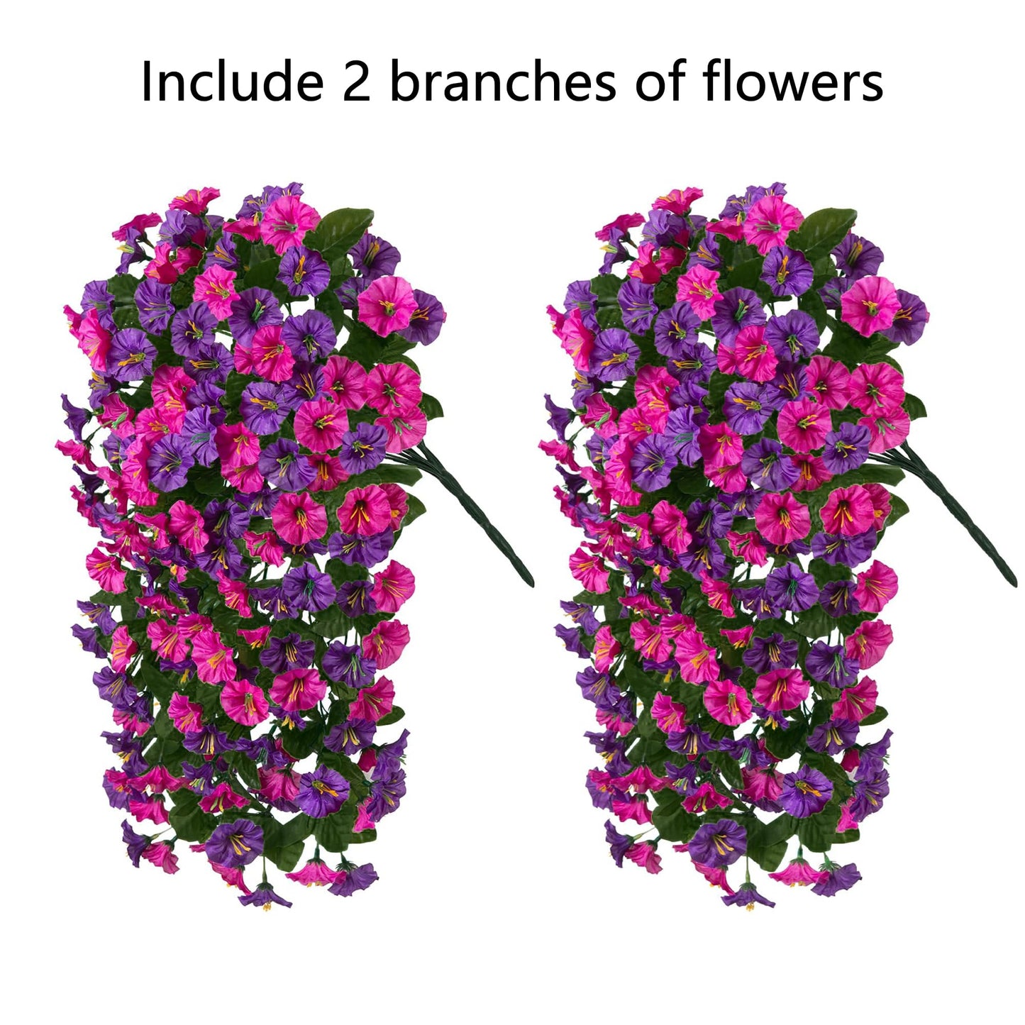 HyeFlora Artificial Fake Hanging Flowers Plants for Outdoor Outside, 2PCS Faux Silk Morning Glory Trailing Vines UV Resistant Look Real for Home Planter Porch Patio (Dark Purple and Fuchsia)