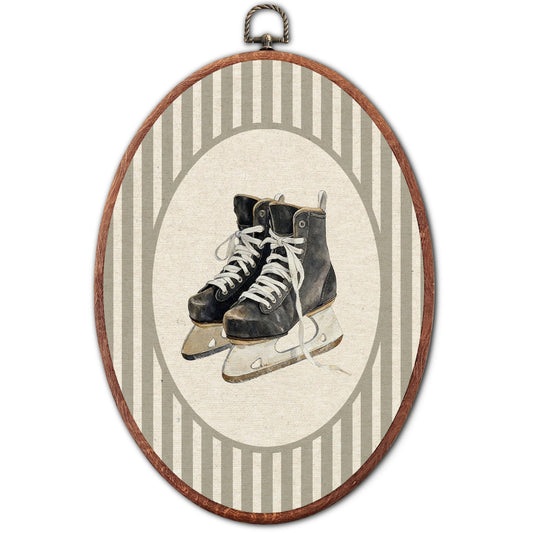 Vintage Ice Skates Nursery Oval Wall Art Framed, Grey Striped Watercolor Canvas Prints, Unique Decoration Hanging Wall Decor for Kids Toddler Room Bedroom Playroom, 8.6x11.4 Inch