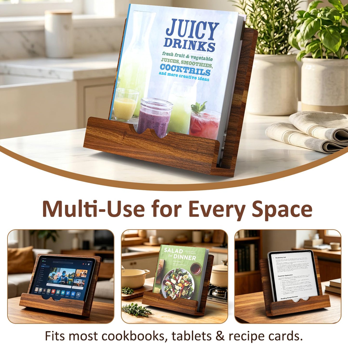 LWSFF Acacia Wood Cookbook Stand for Kitchen Counter | Adjustable Recipe Book Holder for Thick Cookbooks, Recipe Binders & Tablets, Solid Wood Kitchen Decor Gift for Home Cooks