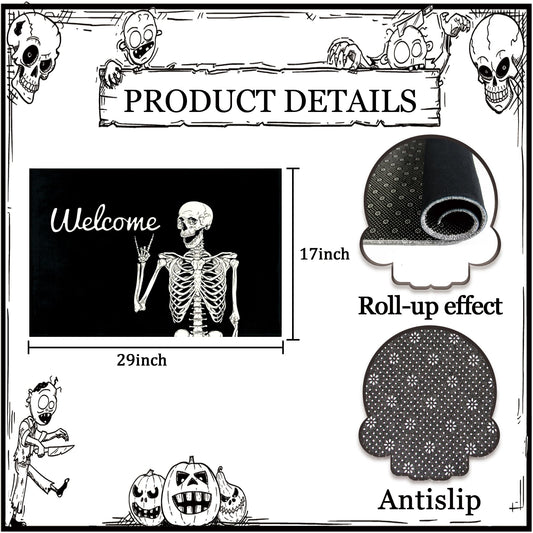 PAAORO Skull Doormat Funny Halloween Skull Welcome Door Mat,Living Room Kitchen Floor Mat Home Halloween Indoor Outdoor Decoration 17 x29 Inch