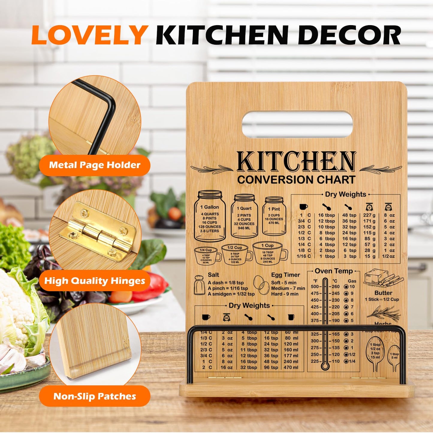 Bamboo Cookbook Stand for Kitchen Counter, Recipe Book Holder with Measurement Conversion Chart, Adjustable Cookbook Holder, Essential Accessories Women Gifts for Birthday Christmas