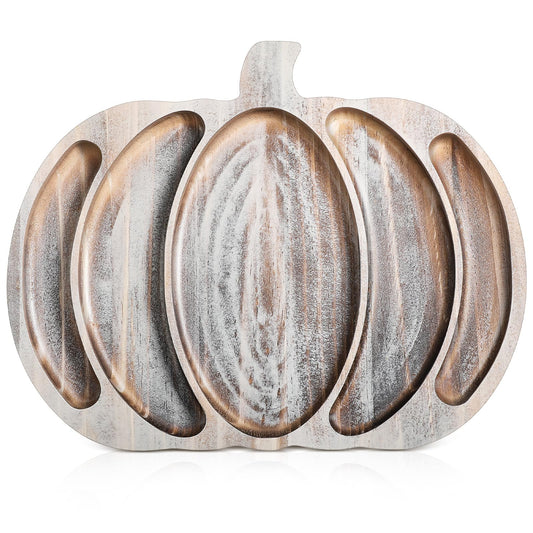 Sliner Fall Pumpkin Wooden Serving Dish Platter Thanksgiving 15" L x 12" W Pumpkin Shaped Charcuterie Board Snack Wood Cutting Board Sectional Dish Plate for Home Gifts(Grey White)