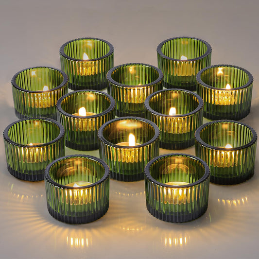 Lanttu Green Tealight Candle Holder Set of 12, Small Votive Candle Holders for Table Centerpiece,Glass Tea Light Candles Holder for Party&Home,Wedding Decor(2''Dia*1.4''H)