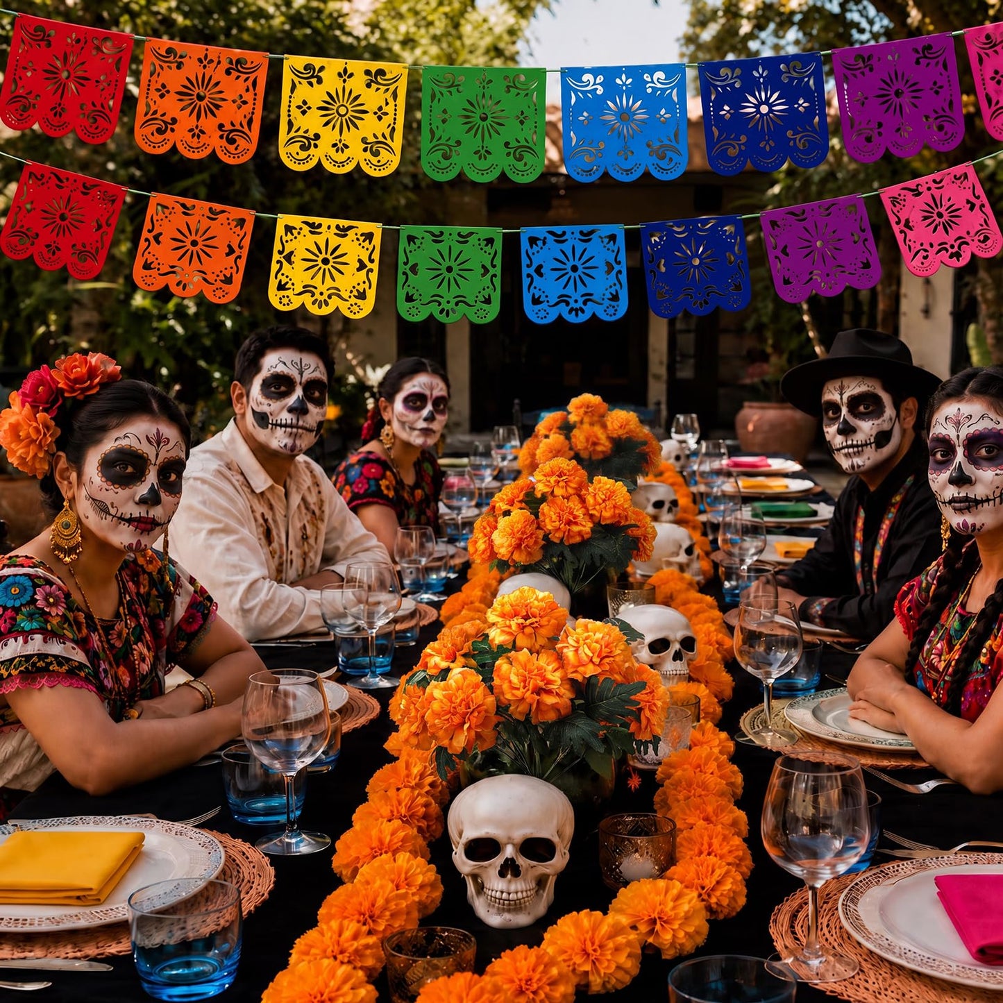Geelin 12pcs Día De Los Muertos Decorations Kit Day of the Dead Altar Decor Set with Black Flannel Backdrop Papel Picado Banner Marigold Flowers Skull Decor for Halloween Mexican Home
