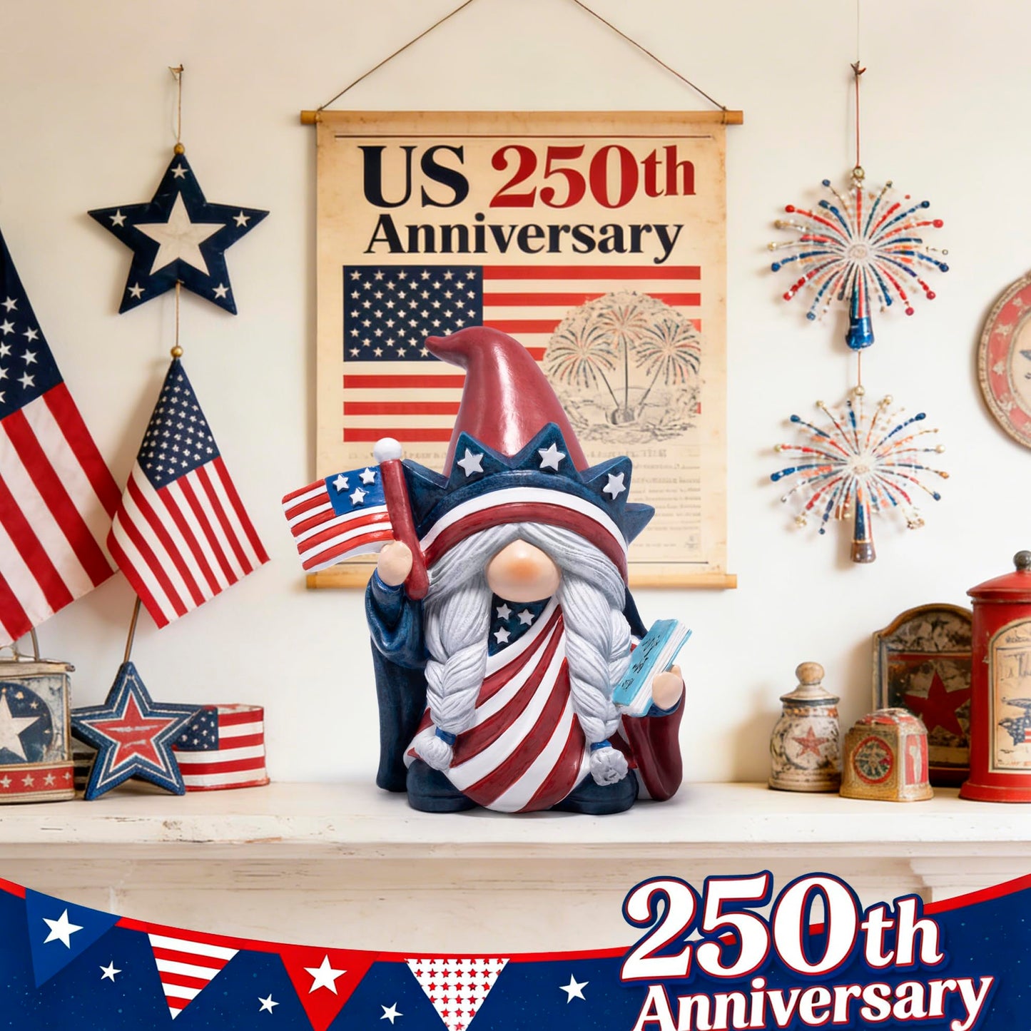 Hodao Year-Round Patriotic Gnome Decorations, 4th of July Patriotic Independence Day Memorial Day Veterans Day Decor, Tiered Tray Decor for Home Office, Red White Blue Gnome Gifts