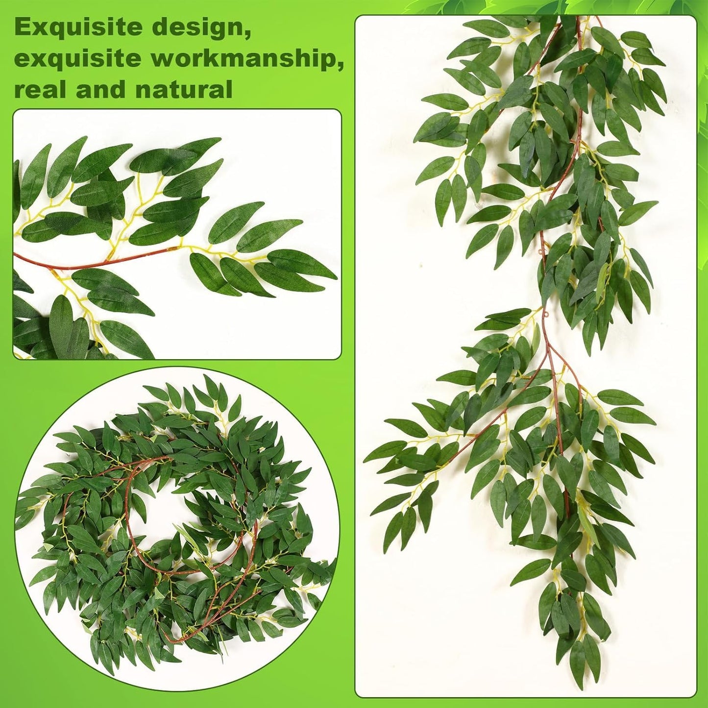 Yunlly 135ft Artificial Faux Greenery Garland Willow Leaves Vines Hanging Willow Vines Leaf Garland for Indoor/Outdoor Wedding Party Decor Wedding Table Centerpieces (Green,12 Pack)
