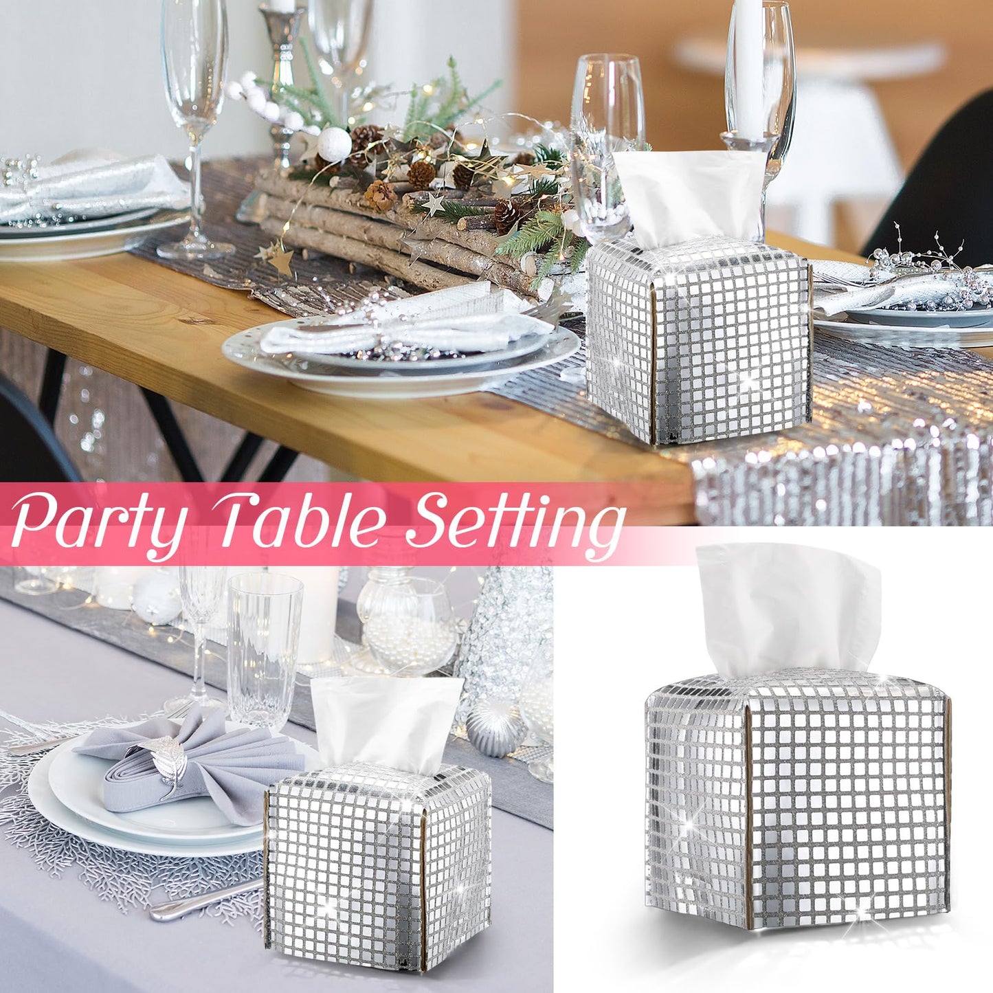 CroBlissful Disco Ball Tissue Box Cover Glitter Silver Square Rectangular Bling Paper Holder Sparkle Tissue Box for Bathroom Vanity Countertop Tabletop Car Office(Small,Disco Fabric,1)