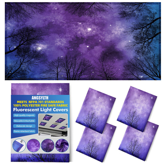 ANGSYLTH 4 Pcs Fluorescent Light Covers with Flame Retardant Certificate - Classroom, Office 4 x 2 Feet 40 Magnetic Covers for Ceiling Lights Filters (Forests & Starry Sky)