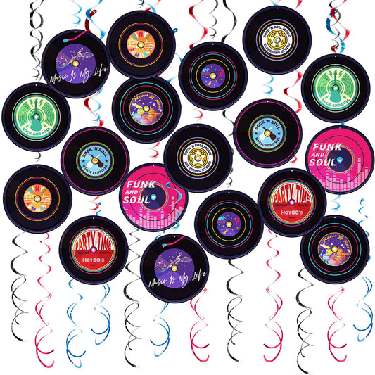 AimtoHome Rock and Roll Record Party Hanging Swirls, 48 Pcs, Music Theme Disco Party Decorations, Vinyl Record Design for 90s Or 50s Style Rock Music Dj Party Supplies, Black and Multicolor