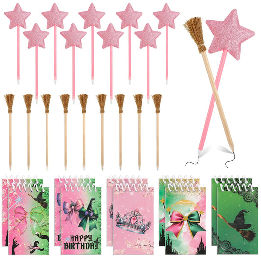 libfrnt 40 Pcs Princess and Witch Party Favors Include 10 Witch Broom Pencils 10 Pink Star Ballpoints 20 Mini Notebooks for Wizard Birthday Witch Halloween Party Supplies