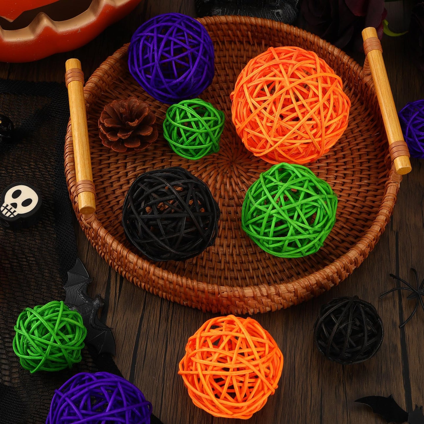 SANNIX 16 Pcs 3 Sizes Big Halloween Rattan Balls Vase Filler, 4 Colors