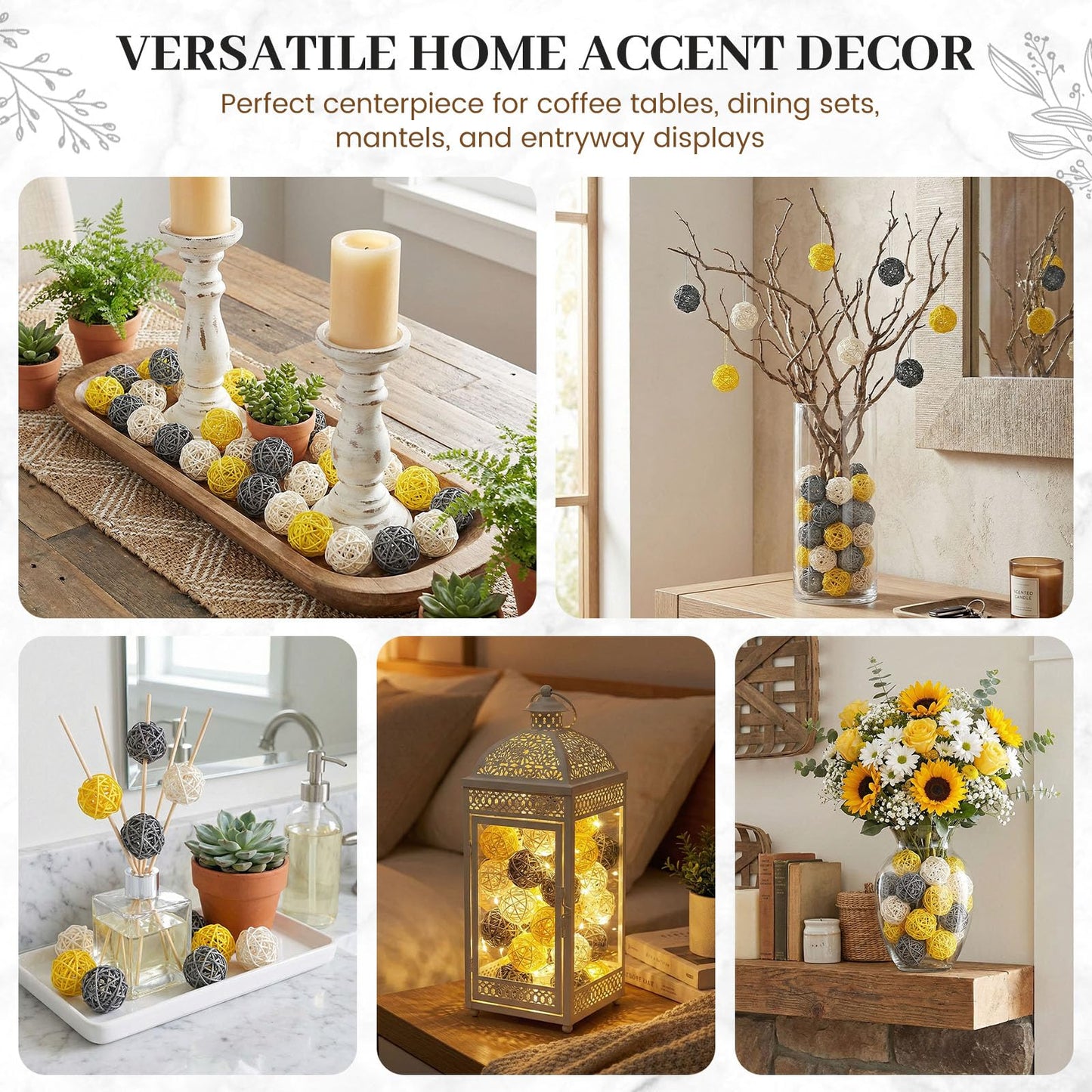 DomeStar 24PCS Yellow Decorative Balls for Bowl Centerpiece, 2 Inch Rattan Bowl Fillers - Wicker Twig Orbs Spheres for Yellow Kitchen Home Decor Vase Table Scatters