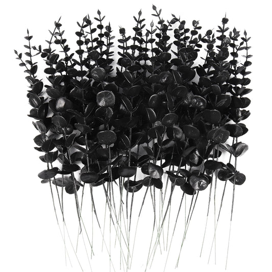 RECUTMS 36Pcs Black Eucalyptus Leaves Stems Artificial Eucalyptuses Leaf Branches for Halloween Picks Autumn Fall Floral Arrangement Wedding Centerpiece Flower Bouquet Home Office Decoration