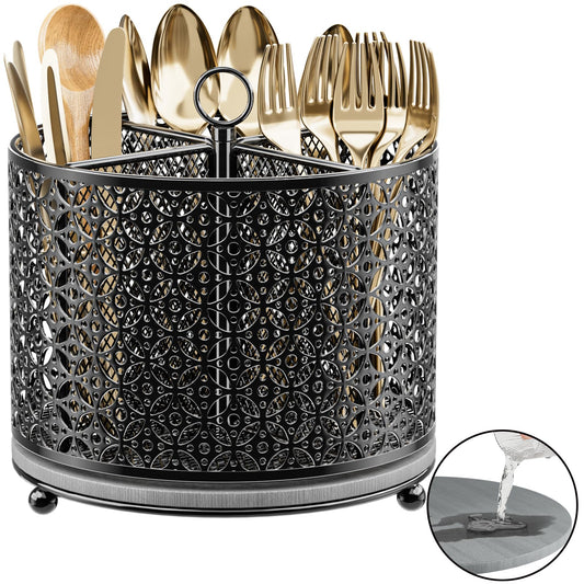 OVICAR 360° Rotating Utensil Holder Caddy - Fast-Drying Silverware Flatware Organizer - 4 Compartment Large Cutlery Holder with Handle For Kitchen Countertop Party Office Picnic Table Black