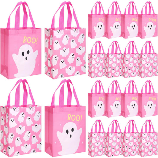 Wovnet 30 Pcs Halloween Party Favor Gift Bags Ghost Boo Pink Reusable Non Woven Goodie Treat Bags with Handle Horror Theme for Halloween Party Supplies 10 x 8 x 4in