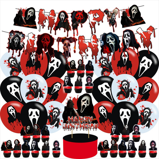 Scream Birthday Backdrop,Horror Movie Theme Party Decorations, Includes 18 Balloons, Cake Topper, 24 Cupcake Toppers
