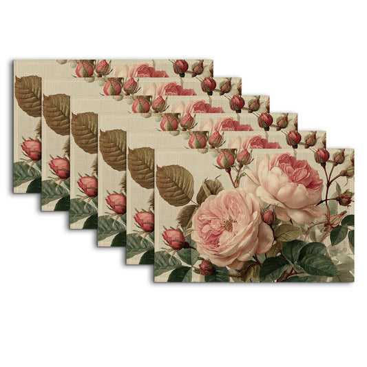 Vintage Peony Flower Placemats Set of 6,Washable Dining Table Mats for Kitchen Party Decorative Linen Table Mats 12 x 18 Inches